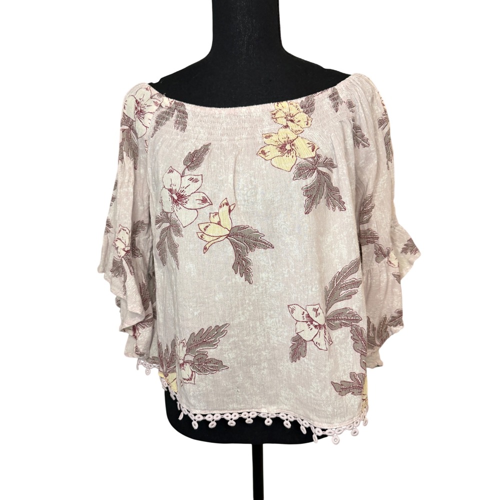 Wild Pearl Floral Off The Shoulder Blouse Small Bell Sleeve Pom Pom Trim Boho